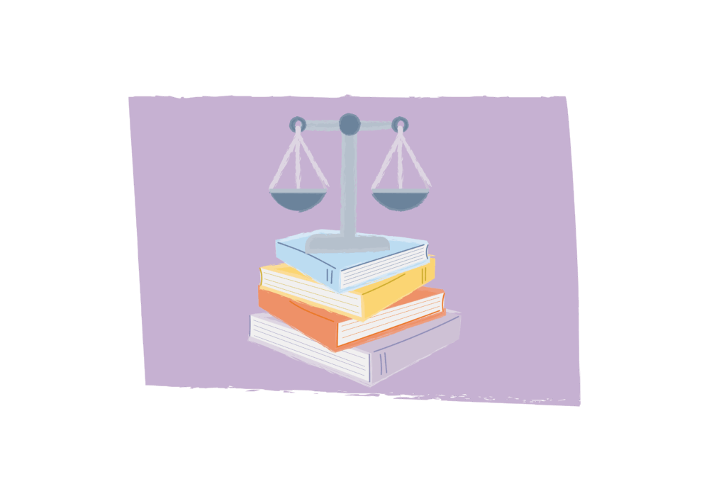 Illustration of a set of scales (the scales of justice) on a pile of books.
